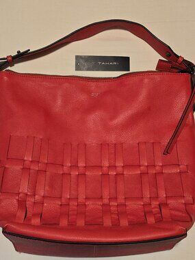 Tahari Channing Hobo handbag red leather Zip Top